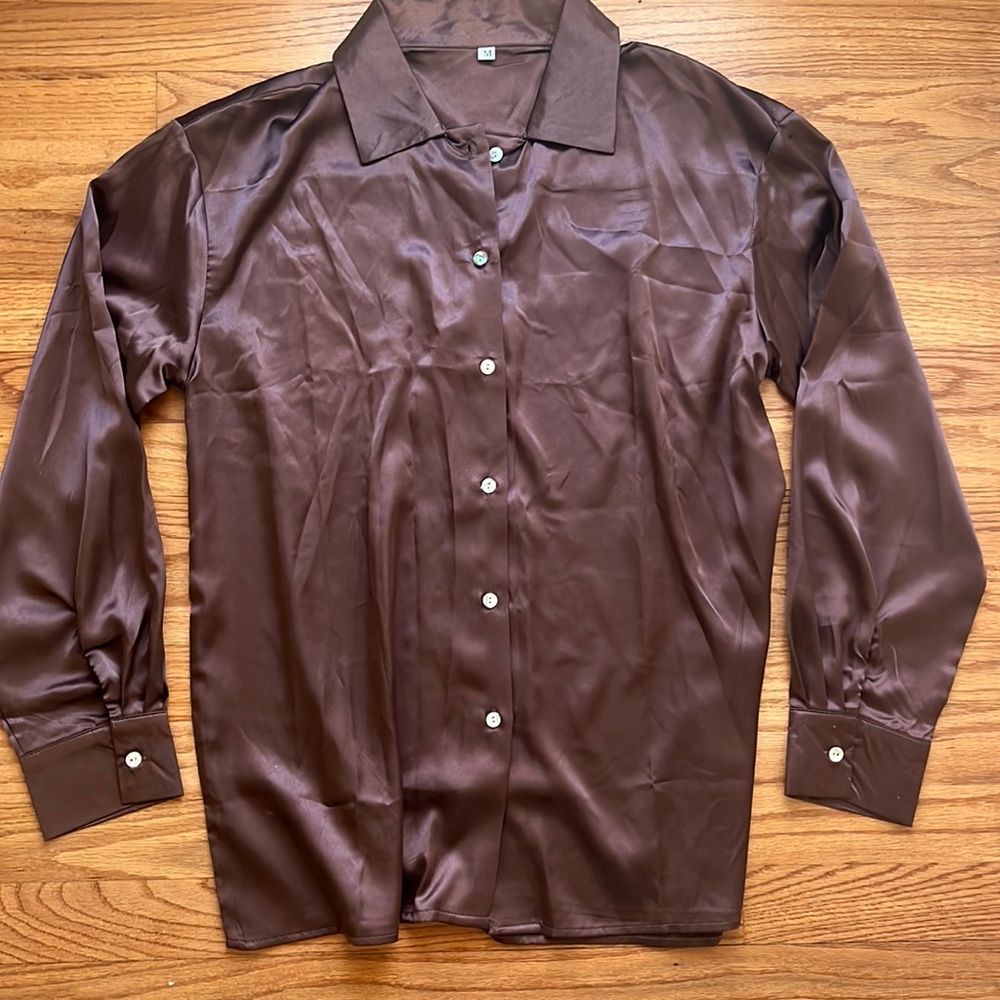 Brown Silky Button Up NWOT